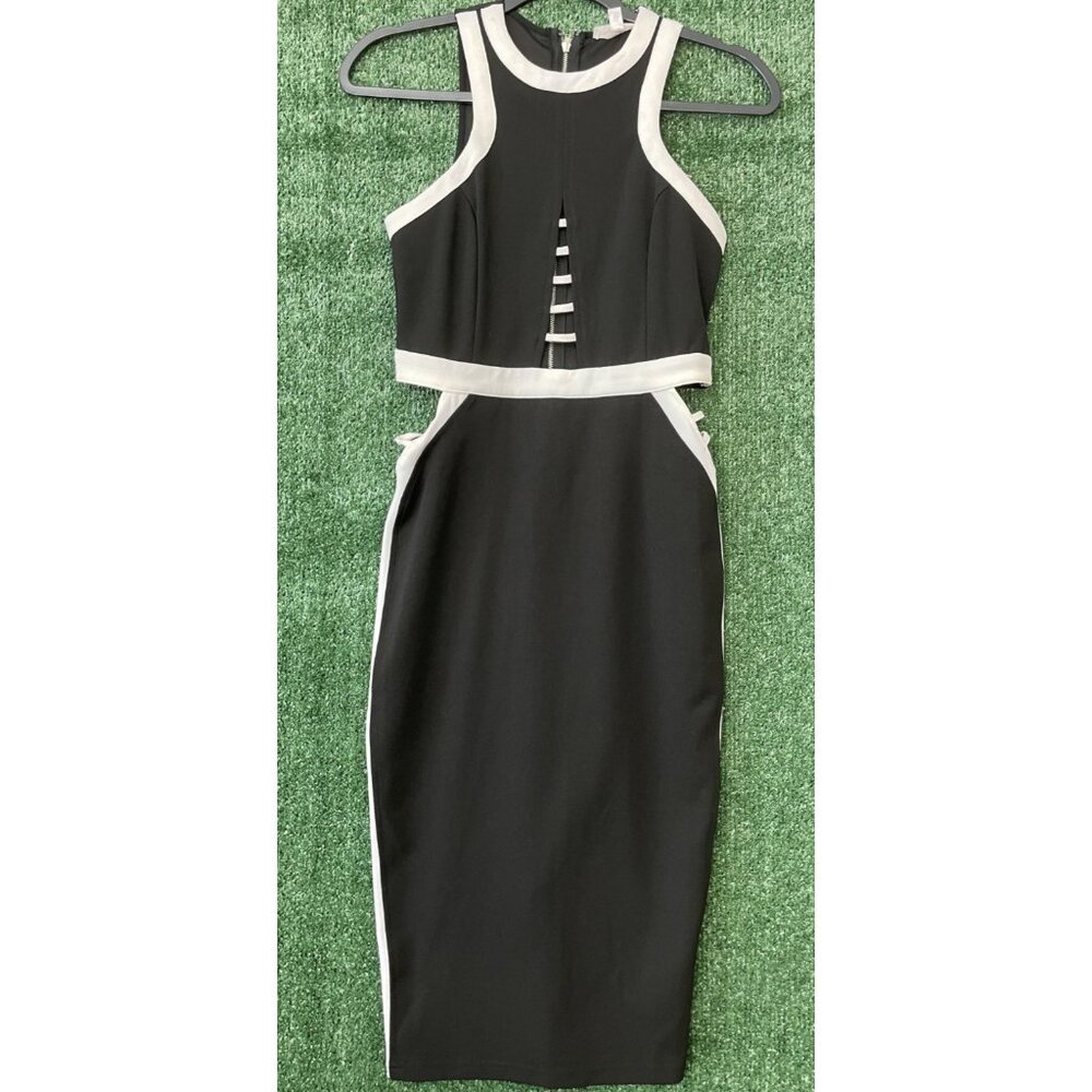A'Gaci Black and White Striped Bodycon Dress Zip Sleeveless Size Medium